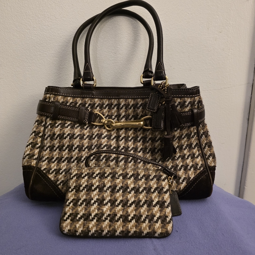 Vintage Coach Houndstooth Hampton Wool & Suede Handbag & Wristlet